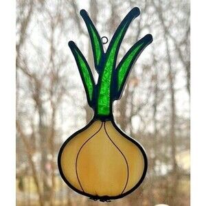 Vintage Onion Suncatcher by Eleanor White Beige Green Stalks Thick Glass Lead
